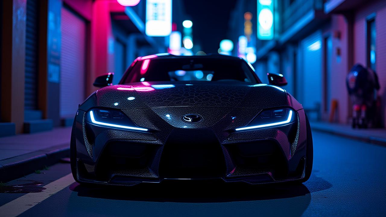 都市のネオンの中で輝くカスタムスポーツクーペ
