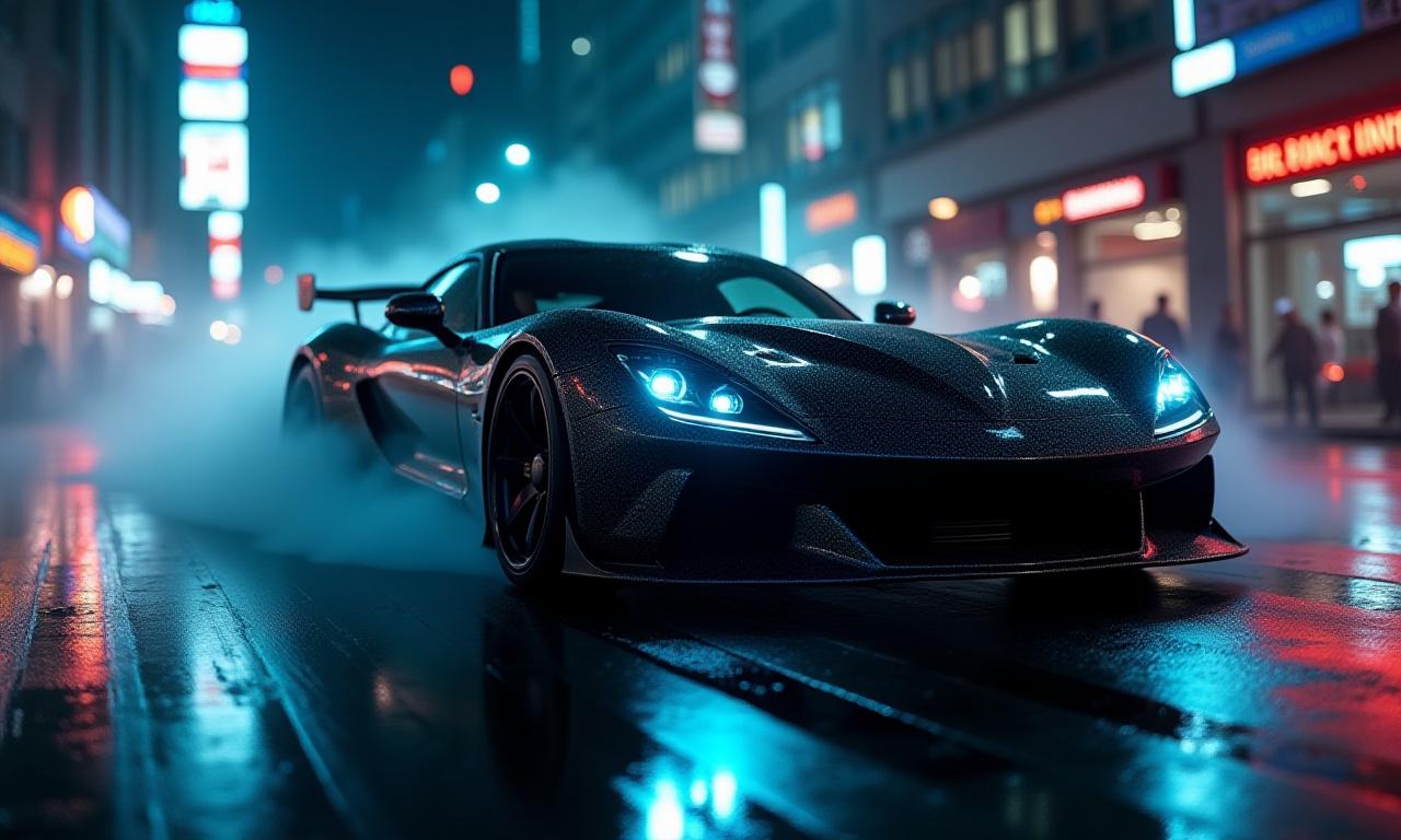 高度にチューニングされたスポーツカーが夜の街を駆け抜ける